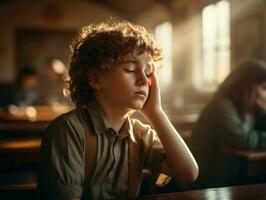 foto do emocional dinâmico pose europeu criança dentro escola ai generativo