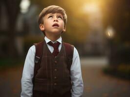 foto do emocional dinâmico pose europeu criança dentro escola ai generativo