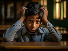 foto do emocional dinâmico pose indiano criança dentro escola ai generativo