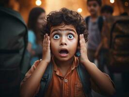 foto do emocional dinâmico pose indiano criança dentro escola ai generativo