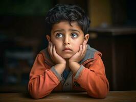 foto do emocional dinâmico pose indiano criança dentro escola ai generativo