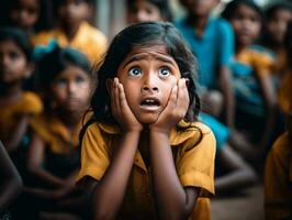 foto do emocional dinâmico pose indiano criança dentro escola ai generativo