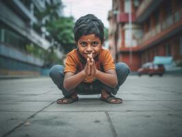 foto do emocional dinâmico pose indiano criança dentro escola ai generativo