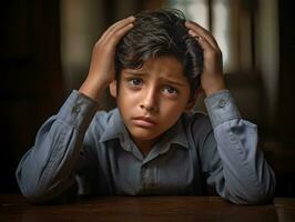 foto do emocional dinâmico pose indiano criança dentro escola ai generativo