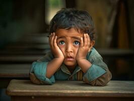 foto do emocional dinâmico pose indiano criança dentro escola ai generativo