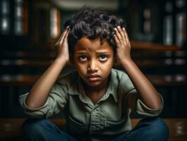 foto do emocional dinâmico pose indiano criança dentro escola ai generativo