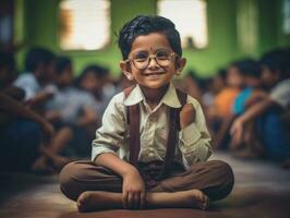 foto do emocional dinâmico pose indiano criança dentro escola ai generativo