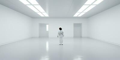 ai gerado. ai generativo. astronauta dentro branco esvaziar sala. mínimo espaço aventuras terno visualizar. gráfico arte foto