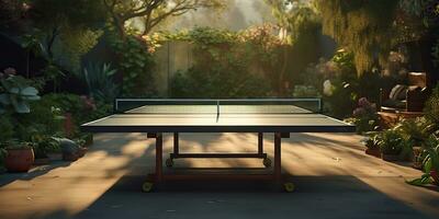 ai gerado. ai generativo. ao ar livre natureza mesa tênis ping pong jogos esporte às sol. gráfico arte foto