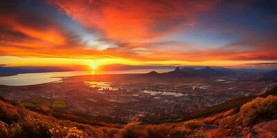 ai gerado. ai generativo. cidade Cidade urbano paisagem urbana a partir de montanha Alto Visão fundo. aventura período de férias panorama vbie. gráfico arte foto