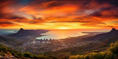 ai gerado. ai generativo. cidade Cidade urbano paisagem urbana a partir de montanha Alto Visão fundo. aventura período de férias panorama vbie. gráfico arte foto