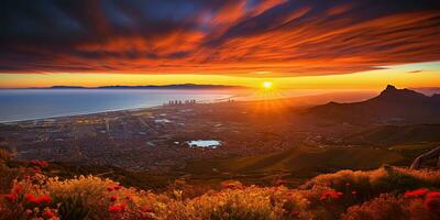 ai gerado. ai generativo. cidade Cidade urbano paisagem urbana a partir de montanha Alto Visão fundo. aventura período de férias panorama vbie. gráfico arte foto