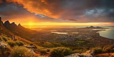 ai gerado. ai generativo. cidade Cidade urbano paisagem urbana a partir de montanha Alto Visão fundo. aventura período de férias panorama vbie. gráfico arte foto