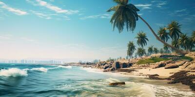 ai gerado. ai generativo. aventura período de férias panorama Visão do paraíso ilha areia costa com Palmeiras em pôr do sol. período de férias relaxante fundo vibe. gráfico arte foto