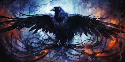 ai gerado. ai generativo. desenhar pintura aguarela óleo esboço tinta Corvo Raven em tela. abstrato geométrico formas fundo decoração. gráfico arte foto