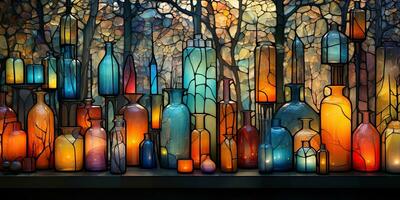 ai gerado. ai generativo. abstrato geométrico vidro cristal garrafas containers. desenhando pintura óleo água cor gráfico arte decoração fundo. gráfico arte foto