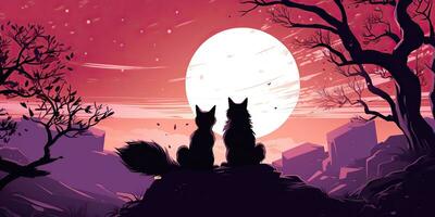 ai gerado. ai generativo. dois adorável romântico fofa raposas olhando às lua. natureza floresta Casamento crianças tempo. gráfico arte foto