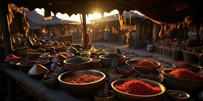 ai gerado. ai generativo. tradicional árabe indiano ásia Marrocos especiaria peodutos às dia doméstico mercado loja fazer compras bazar. saudável orgânico produtos. gráfico arte foto