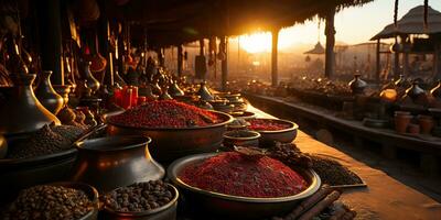 ai gerado. ai generativo. tradicional árabe indiano ásia Marrocos especiaria peodutos às dia doméstico mercado loja fazer compras bazar. saudável orgânico produtos. gráfico arte foto