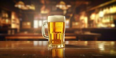 ai gerado. ai generativo. Cerveja vidro caneca com luz Cerveja às bar Barra taberna fundo em de madeira mesa noite vida Festa. gráfico arte foto