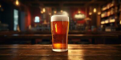 ai gerado. ai generativo. Cerveja vidro caneca com luz Cerveja às bar Barra taberna fundo em de madeira mesa noite vida Festa. gráfico arte foto
