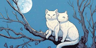 ai gerado. ai generativo. dois gatos sentado às noite dentro frente do a lua junto. amor romântico namorados postar cartão vibe. gráfico arte foto