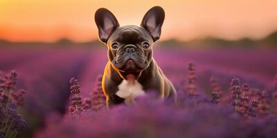 ai gerado. ai generativo. frenchie francês buldogue cachorro fofa face retrato às lavanda campo campo ao ar livre natureza. gráfico arte foto