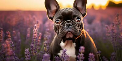 ai gerado. ai generativo. frenchie francês buldogue cachorro fofa face retrato às lavanda campo campo ao ar livre natureza. gráfico arte foto