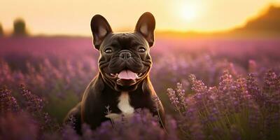 ai gerado. ai generativo. frenchie francês buldogue cachorro fofa face retrato às lavanda campo campo ao ar livre natureza. gráfico arte foto