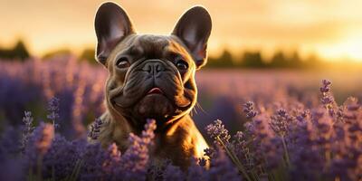 ai gerado. ai generativo. frenchie francês buldogue cachorro fofa face retrato às lavanda campo campo ao ar livre natureza. gráfico arte foto