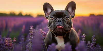 ai gerado. ai generativo. frenchie francês buldogue cachorro fofa face retrato às lavanda campo campo ao ar livre natureza. gráfico arte foto