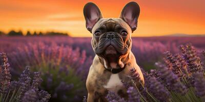 ai gerado. ai generativo. frenchie francês buldogue cachorro fofa face retrato às lavanda campo campo ao ar livre natureza. gráfico arte foto