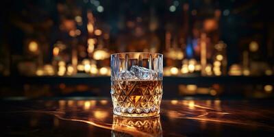 ai gerado. ai generativo. clássico álcool uísque escocês beber dentro vidro com gelo cubos às Barra bar. quase clube fundo decoração zombar acima. gráfico arte foto