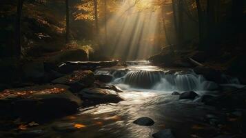 ai gerado. ai generativo. floresta árvore selva cascata pequeno. aventura natureza ao ar livre panorama viagem caminhada vibe. gráfico arte foto