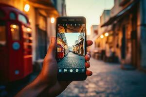 viagem blogueiro faz foto em Smartphone para compartilhar em social meios de comunicação plataformas. generativo ai