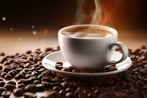 copo do café com café feijões em fundo. café com leite ou cappuccino preparado com leite. generativo ai foto