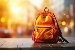 escola mochila em borrado fundo. costas para escola, Educação, estude conceito. generativo ai foto