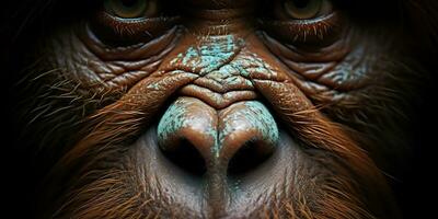 ai gerado. ai generativo. orangotango macaco face portrain olhos assistindo em você. mamífero animal fundo visualizar. gráfico arte foto