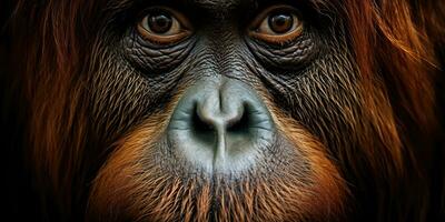 ai gerado. ai generativo. orangotango macaco face portrain olhos assistindo em você. mamífero animal fundo visualizar. gráfico arte foto