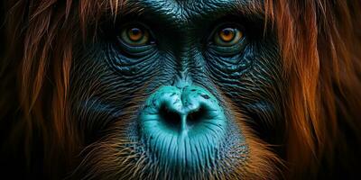 ai gerado. ai generativo. orangotango macaco face portrain olhos assistindo em você. mamífero animal fundo visualizar. gráfico arte foto