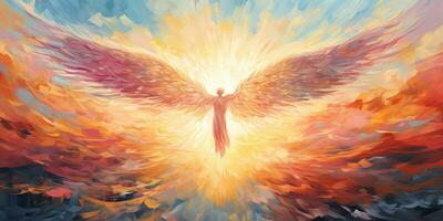 ai gerado. ai generativo. brilhando luz vôo anjo dentro paraíso. religião espiritual fé cristão católico Jesus mitologia vibe. gráfico arte foto