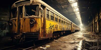 ai gerado. ai generativo. túnel abandonado subterrâneo metrô trem estação com velho usava trem trilho. grafite rua arte cultura crime vibe. gráfico arte foto