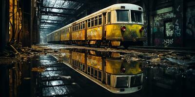 ai gerado. ai generativo. túnel abandonado subterrâneo metrô trem estação com velho usava trem trilho. grafite rua arte cultura crime vibe. gráfico arte foto