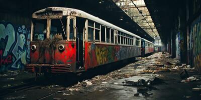 ai gerado. ai generativo. túnel abandonado subterrâneo metrô trem estação com velho usava trem trilho. grafite rua arte cultura crime vibe. gráfico arte foto