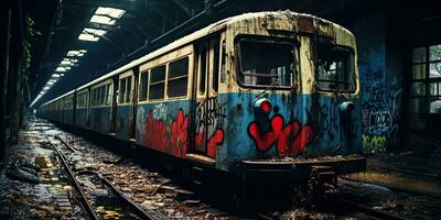 ai gerado. ai generativo. túnel abandonado subterrâneo metrô trem estação com velho usava trem trilho. grafite rua arte cultura crime vibe. gráfico arte foto