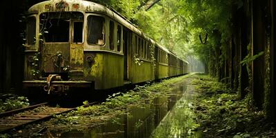 ai gerado. ai generativo. túnel abandonado subterrâneo metrô trem estação com velho usava trem trilho. grafite rua arte cultura crime vibe. gráfico arte foto