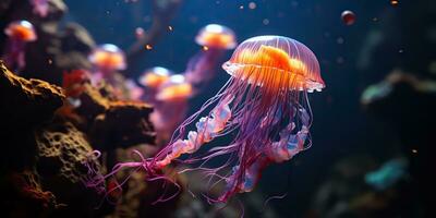 ai gerado. ai generativo. vermelho medusa embaixo da agua animais selvagens mar oceano aquário vida. gráfico arte foto