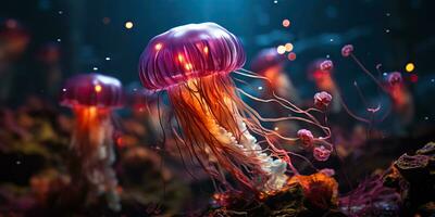 ai gerado. ai generativo. vermelho medusa embaixo da agua animais selvagens mar oceano aquário vida. gráfico arte foto
