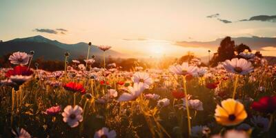 ai gerado. ai generativo. natureza ao ar livre panorama campo do flores às pôr do sol nascer do sol. Flor flor botânico plantar aventura período de férias selvagem vida. gráfico arte foto