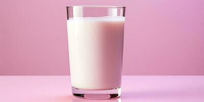 ai gerado. ai generativo. orgânico eco natural proteína cálcio fresco leite. Rosa fundo branco vidro caneca copo. promoção marketing estilo. gráfico arte foto